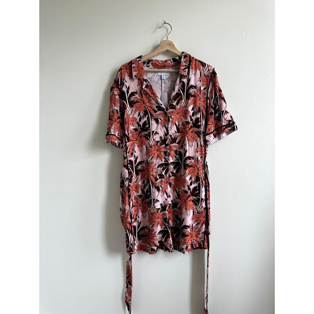 Topshop Women' Pink Tropical Bowling Romper Short Sleeve V Neck Tie size 10